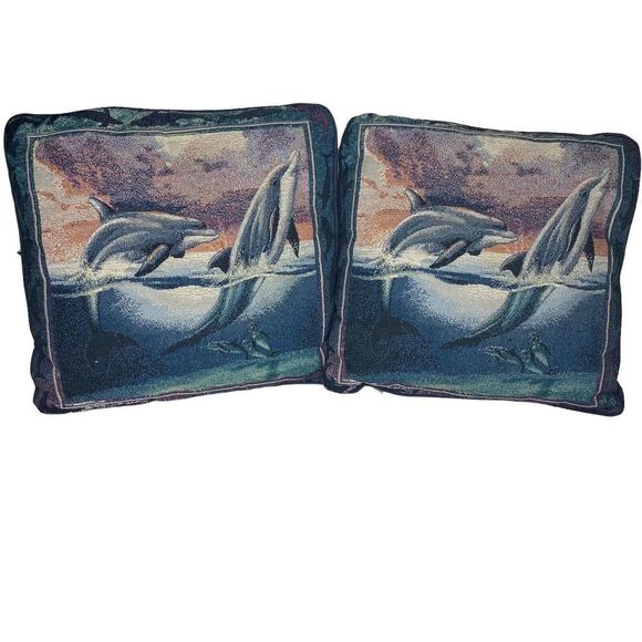 Vintage Needle Point Pillows Dolphins (2) 16"x16" Blue Ocean Life Porpoise Love - Picture 1 of 2